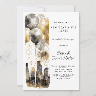 New Year's Party 2025 Gold Glitter Balloons City  Invitation