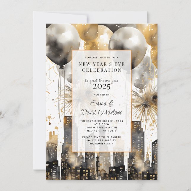 New Year's Party 2025 Gold Glitter Balloons City Invitation (Front)