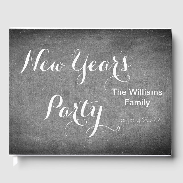 New Year's Party Chalkboard Typography Black White Guest Book (Front)