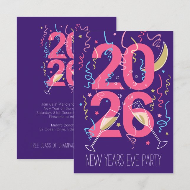 New Years Party champagne glasses celebration Invitation (Front/Back)