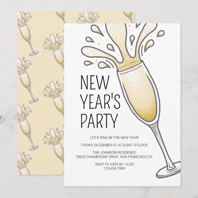 New Years Party Champagne Invitation (Front/Back)