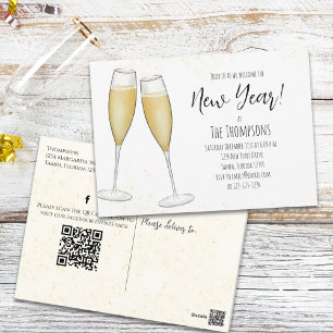 New Years Party Champagne QR Code Social Media Postcard