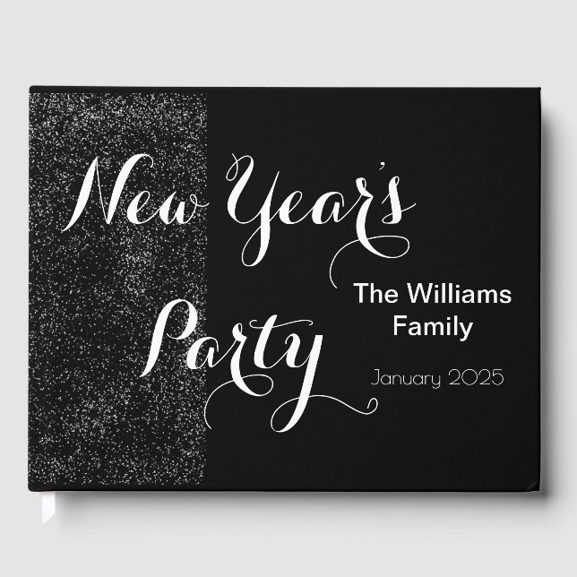 New Year's Party Elegant Script Black White Modern Guest Book (Front)