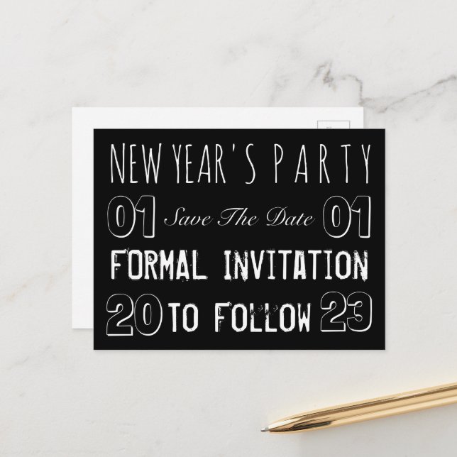 New Year's Party Save The Date Black and White Announcement Postcard (Front/Back In Situ)
