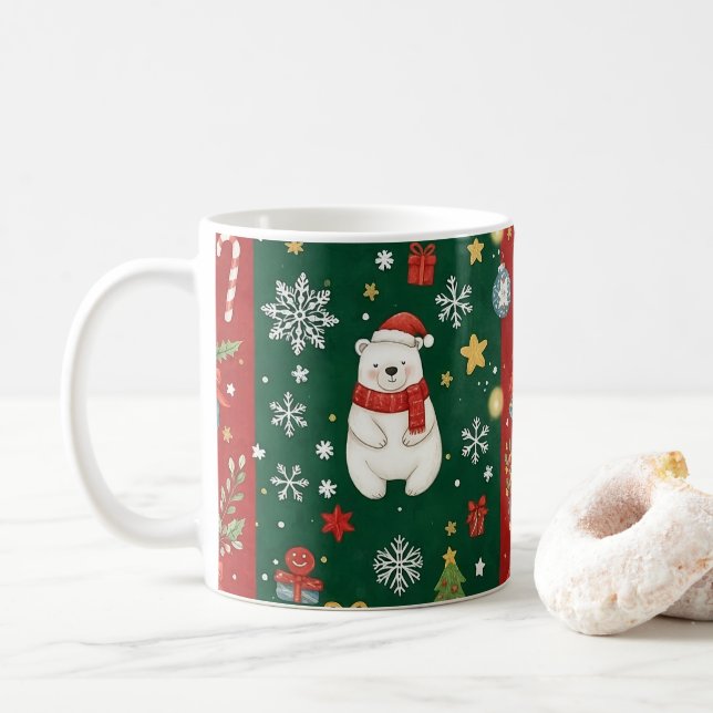 New Year's print, bear, Christmas tree, fox, bird, Coffee Mug (With Donut)