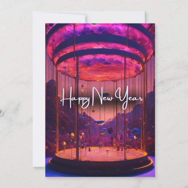 New Year's Skies Aglow: Hot Air Balloon Festival Holiday Card (Front)