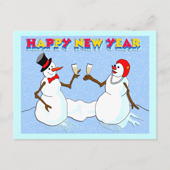 New Year's Snowmen Holiday Postcard (Front)