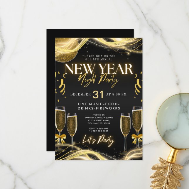 New Years Theme Gold & Black Party Invitation (Front/Back In Situ)