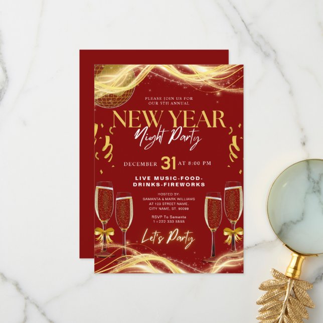 New Years Theme Gold & Red Party Invitation (Front/Back In Situ)