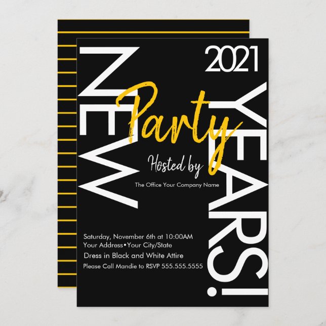 New Years White Yellow Typography Company Event Invitation (Front/Back)