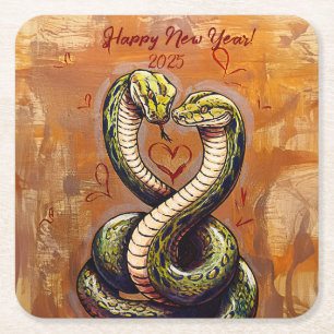 New Year's Wish for Love 2025 Wooden Snake Square Paper Coaster