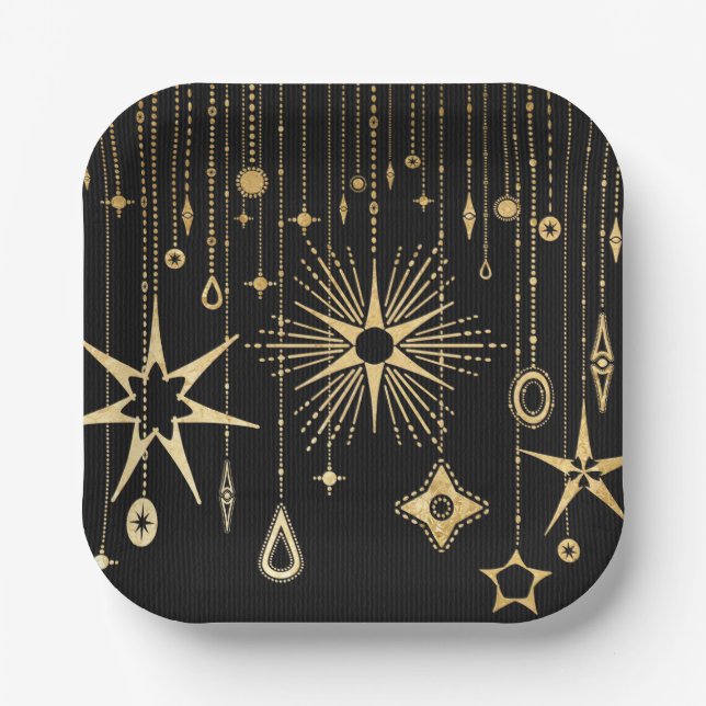 New Year's Wishes Stars Black and Gold Paper Plate (Front)