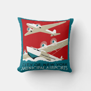 New York Airports, Vintage 1936 WPA Travel Poster Cushion