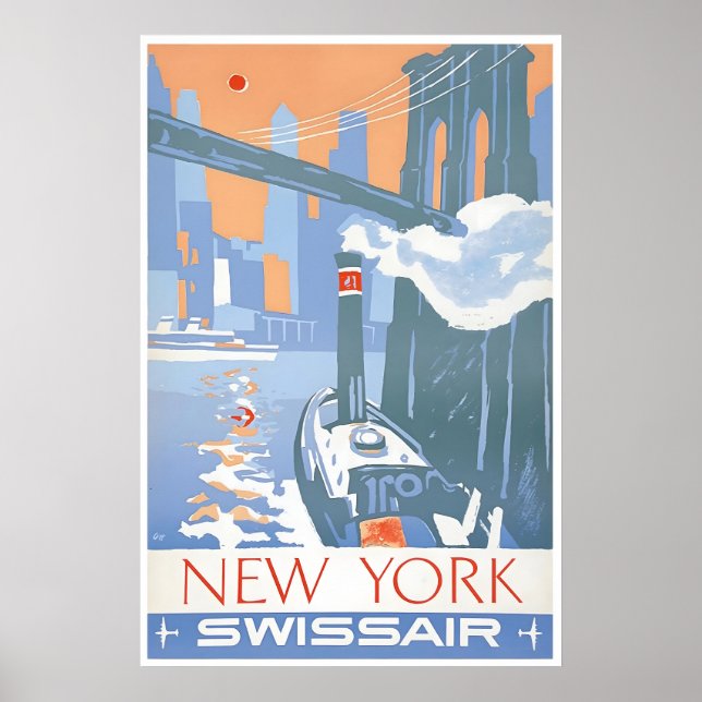 New York Art Swiss Air Travel Poster Harbor Print (Front)