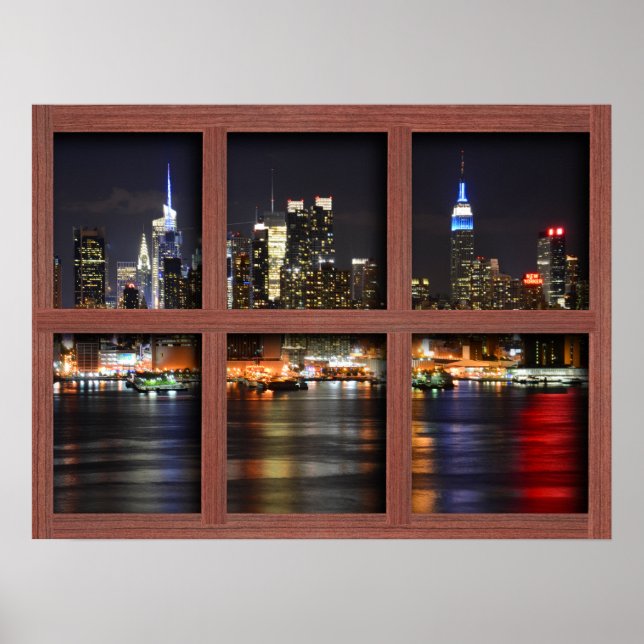 New York At Night - Redwood 4 Pane Window Poster (Front)