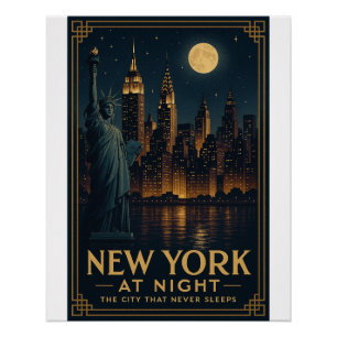 New York at Night Retro Skyline – Vintage City Poster