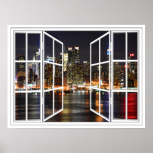 New York At Night White 24 Pane Open Window Poster