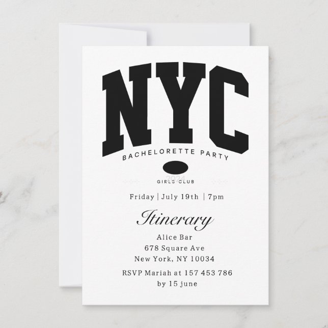 new york bachelorette black and white itinerary invitation (Front)