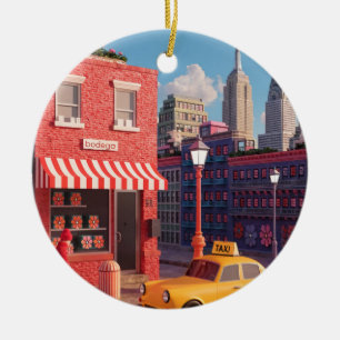 New York Bodega Taxi Illustration Poster Ceramic Tree Decoration