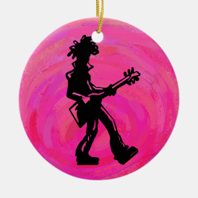 New York Boogie Nights Guitar Hot Pink Ceramic Tree Decoration (Front)