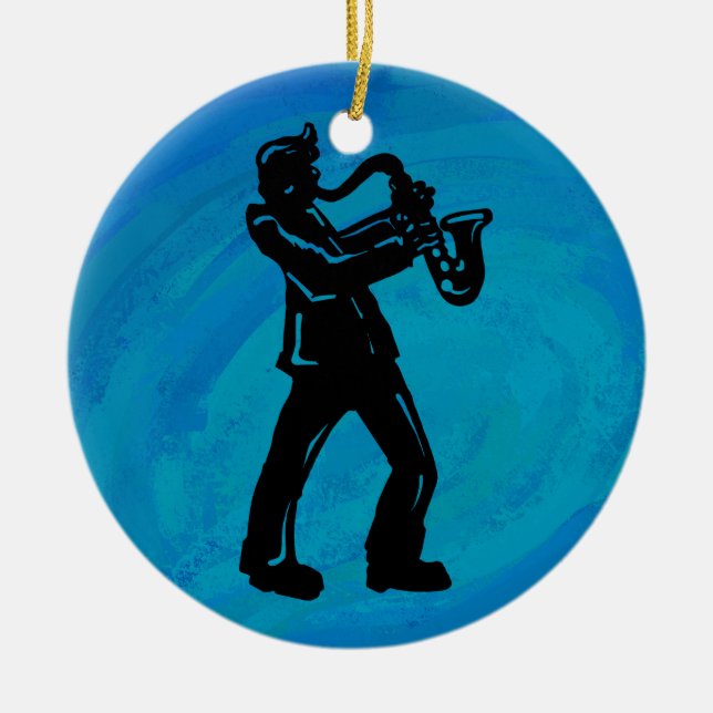 New York Boogie Nights Saxophone Blue Ceramic Tree Decoration (Front)