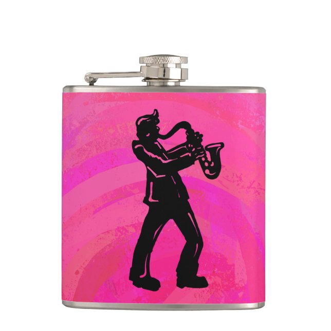New York Boogie Nights Saxophone Hot Pink Hip Flask (Front)