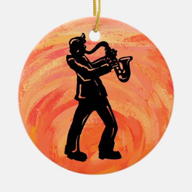 New York Boogie Nights Saxophone Orange Ceramic Tree Decoration (Front)