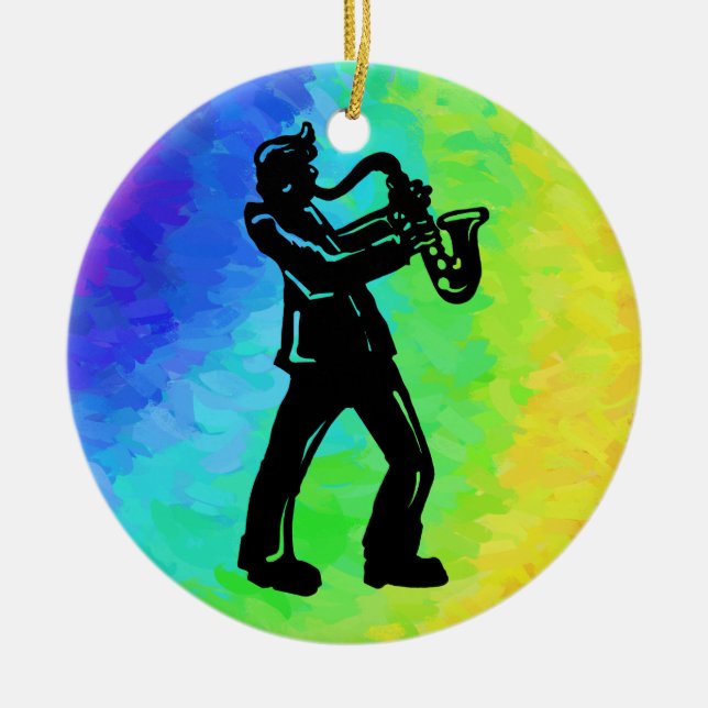 New York Boogie Nights Saxophone Rainbow Ceramic Tree Decoration (Front)