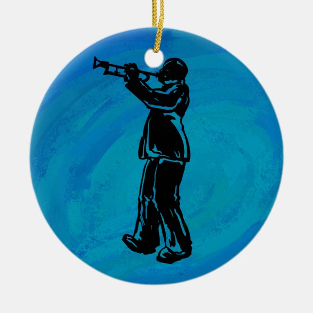 New York Boogie Nights Trumpet Blue Ceramic Tree Decoration (Front)