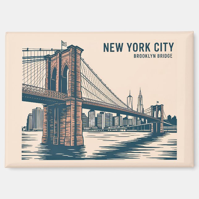 New York Brooklyn Bridge Skyline Bold Retro Travel Magnet (Front)