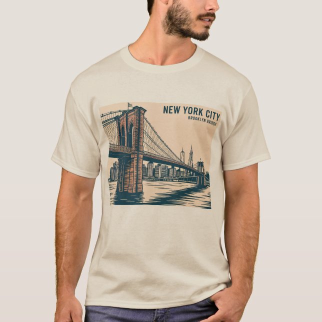 New York Brooklyn Bridge Skyline Bold Retro Travel T-Shirt (Front)