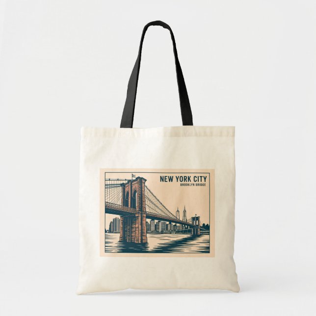 New York Brooklyn Bridge Skyline Bold Retro Travel Tote Bag (Front)