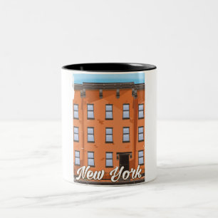 New York Brownstone travel poster cartoon Two-Tone Coffee Mug