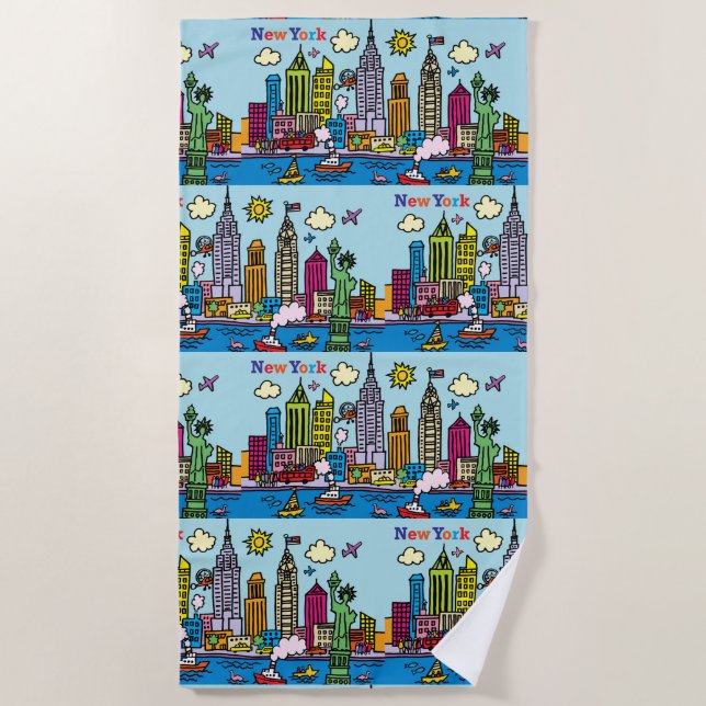 New York Cartoon Sightseeing Buildings Beach Towel (Front)