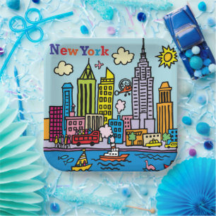 New York Cartoon Sightseeing Buildings Paper Plate
