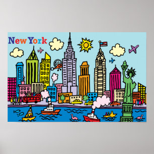 New York Cartoon Sightseeing Buildings Poster