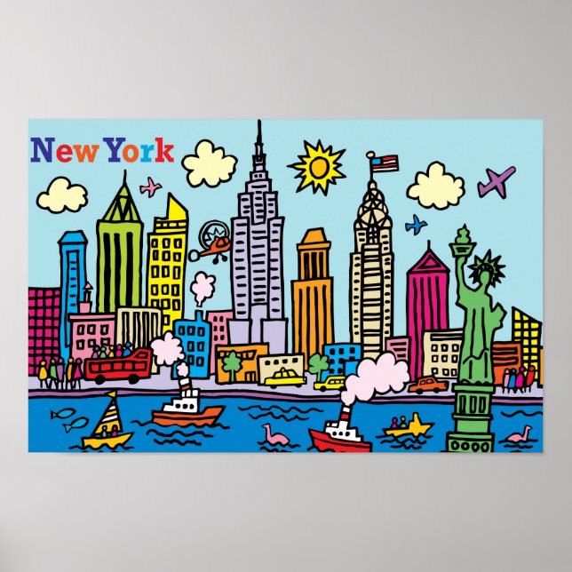 New York Cartoon Sightseeing Buildings Poster (Front)