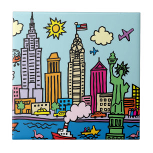 New York Cartoon Sightseeing Buildings Tile
