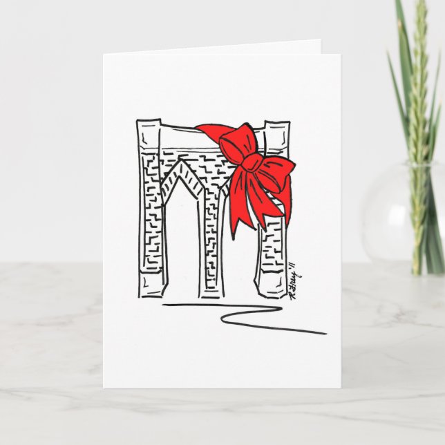New York Christmas Brooklyn Bridge Red Bow NYC Holiday Card (Front)