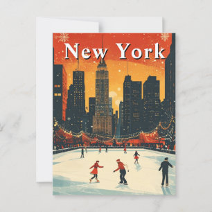 New York Christmas Ice Skating Retro Postcard