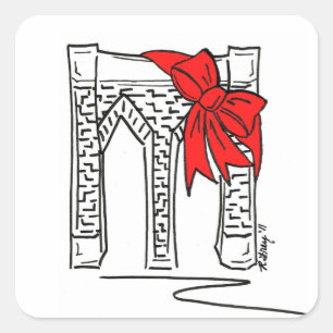 New York Christmas Red Bow NYC Brooklyn Bridge Square Sticker