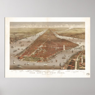 New York City 1884 Antique Panoramic Map Poster