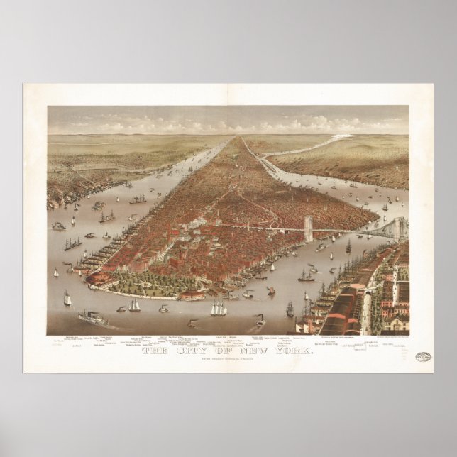 New York City 1884 Antique Panoramic Map Poster (Front)