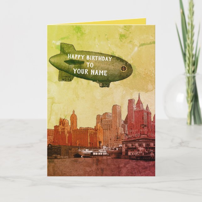 NEW YORK CITY 1930'S SKYLINE BLIMP YOUR BIRTHDAY CARD (Front)