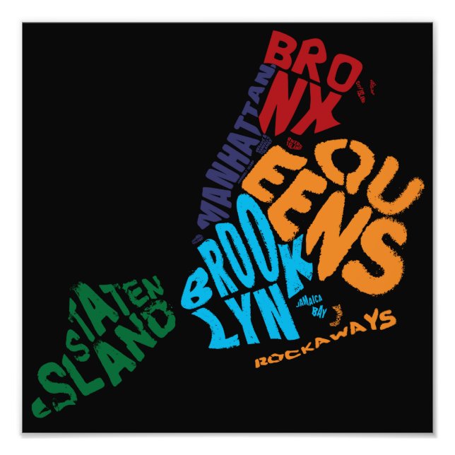 New York City 5 Boroughs Calligram Map Photo Print (Front)