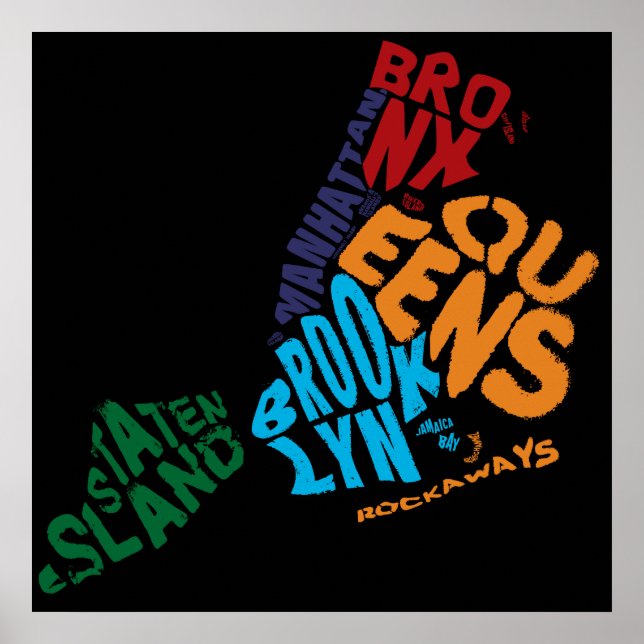 New York City 5 Boroughs Calligram Map Poster (Front)