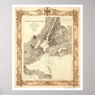 New York City and Environs Map by Lindenkohl 1860 Poster