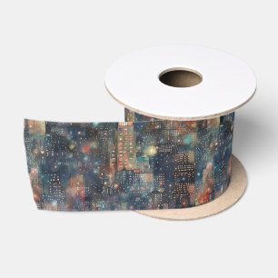 New York City at New Year’s Watercolor Skyline Satin Ribbon