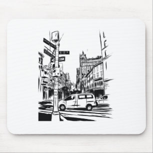 New York City Black and White Urban Street Scene Mouse Mat