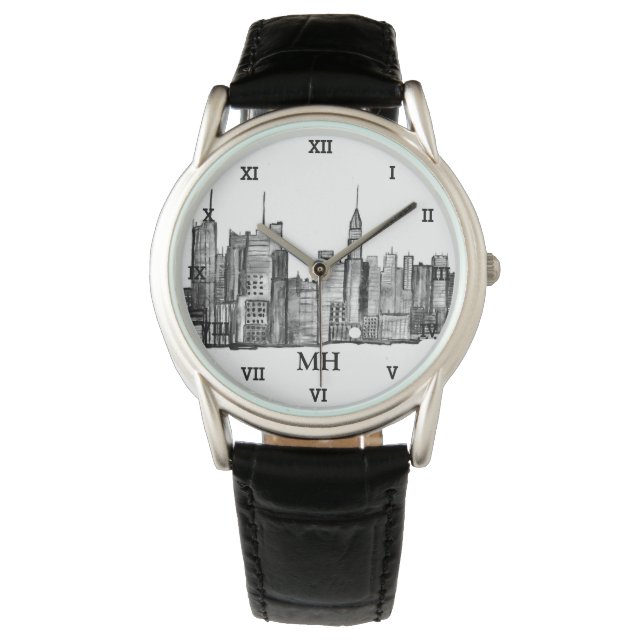 New York City Black Modern Skyline Travel NYC Watc Watch (Front)